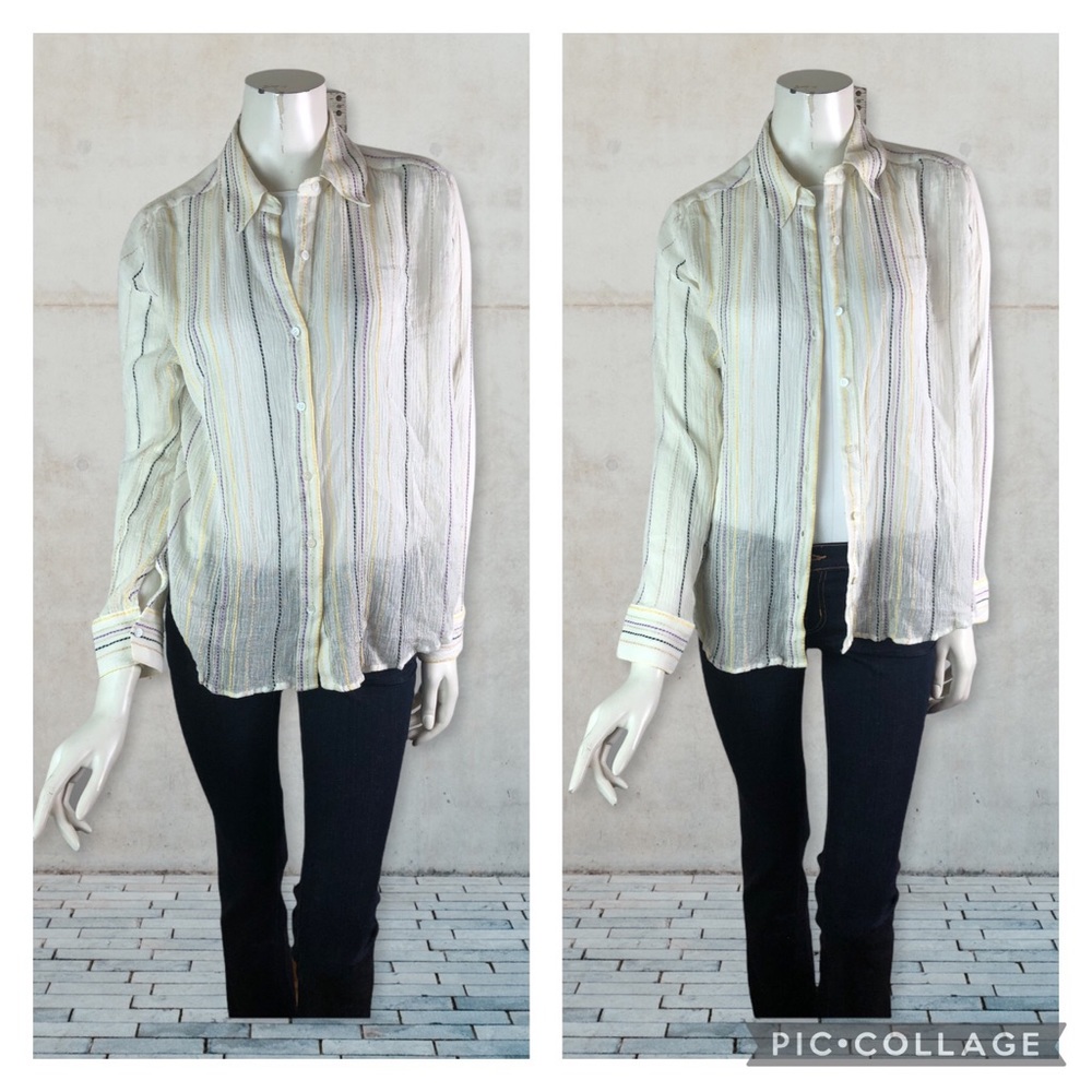 Michael Stars size L White Sheer Gauzy Button Front Blouse Embroidered Stripes